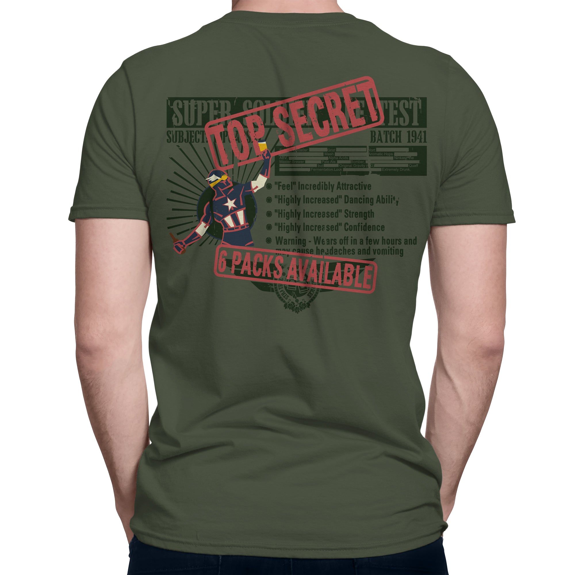Back of t-shirt with red TOP SECRET 6 PACKS AVAILABLE stamp