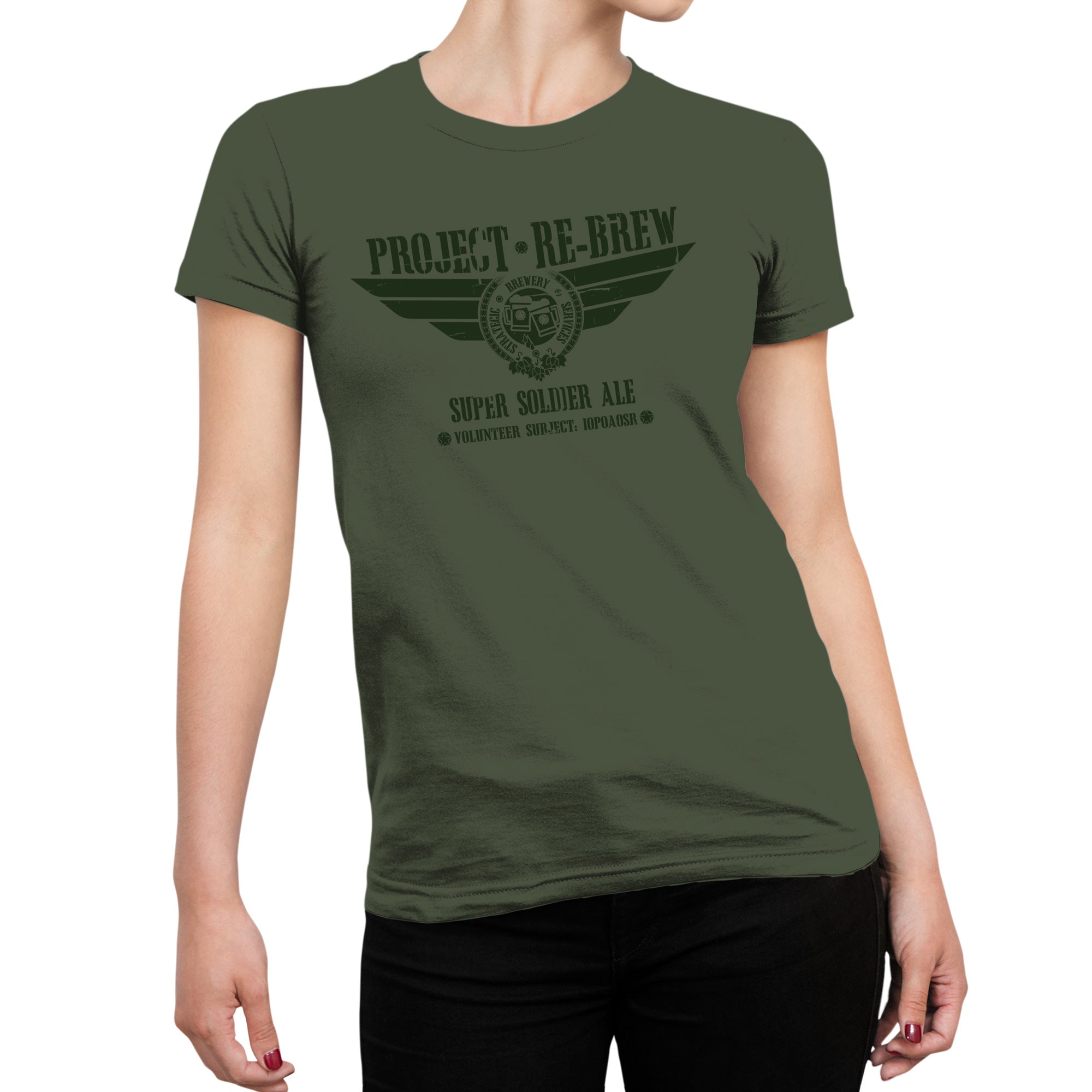 PROJECT RE-BREW Super Soldier Ale seal and winged stencil on chest of women's tee.