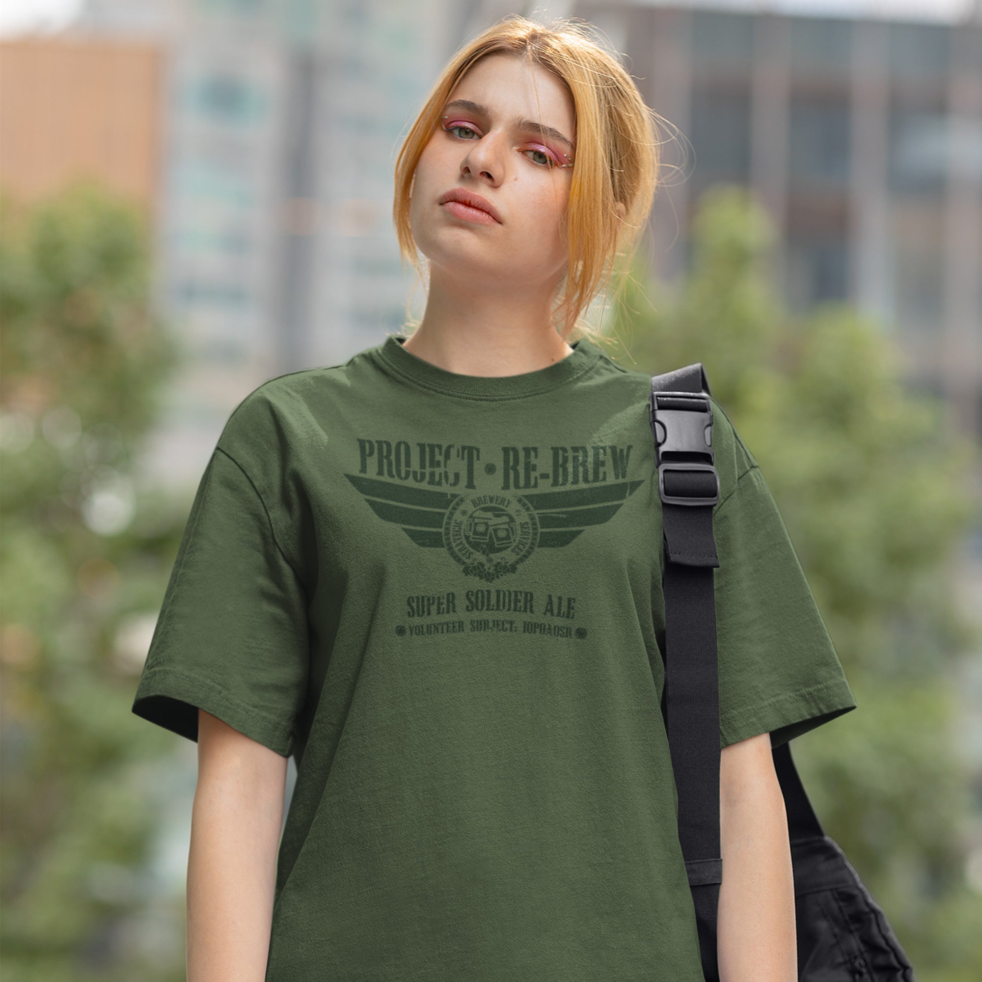 Heroic beer infusion theme on both sides of a women's green craft beer tee