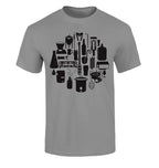Unisex cotton tee featuring fermenter, flask, chiller, and capper icons