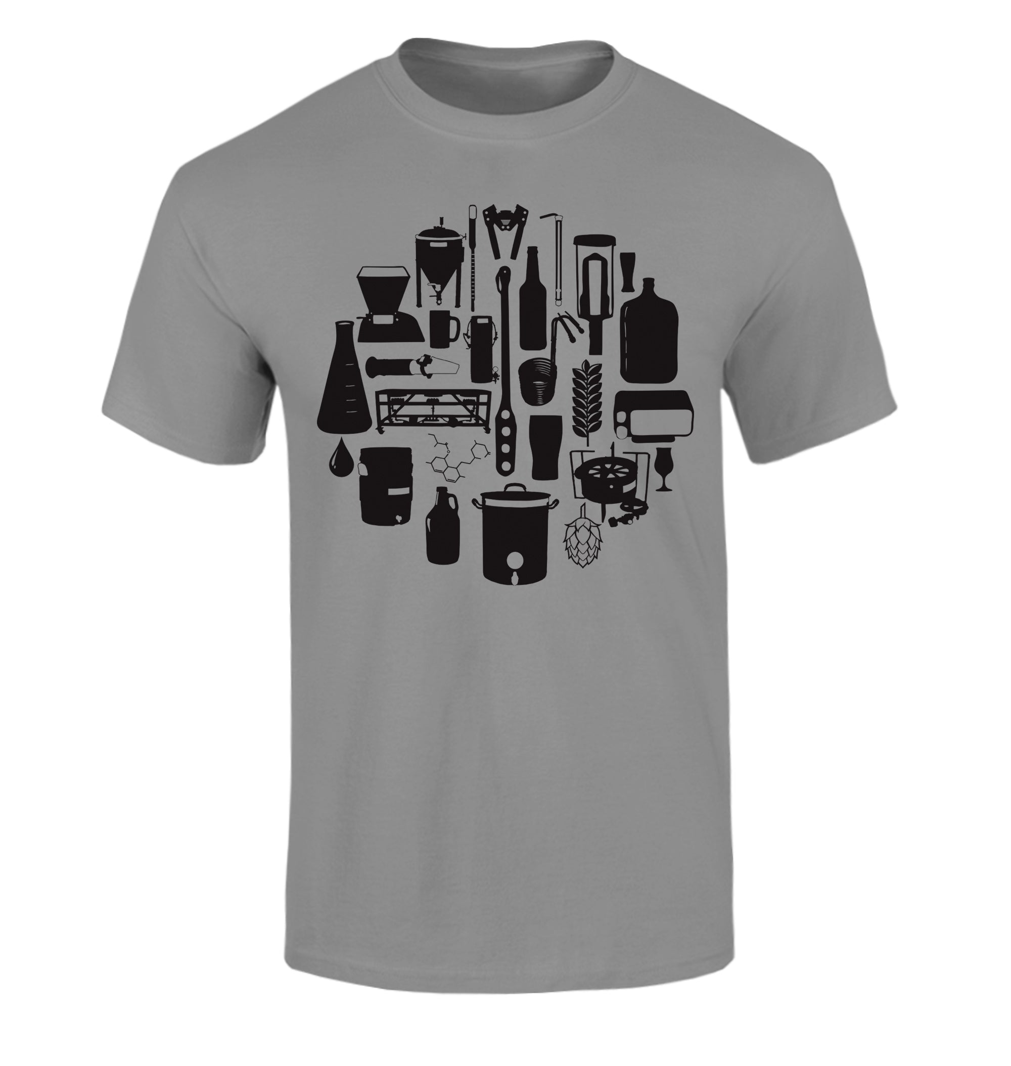 Unisex cotton tee featuring fermenter, flask, chiller, and capper icons
