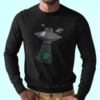 Black ringspun cotton shirt featuring UFO abducting a hop in pixel beam