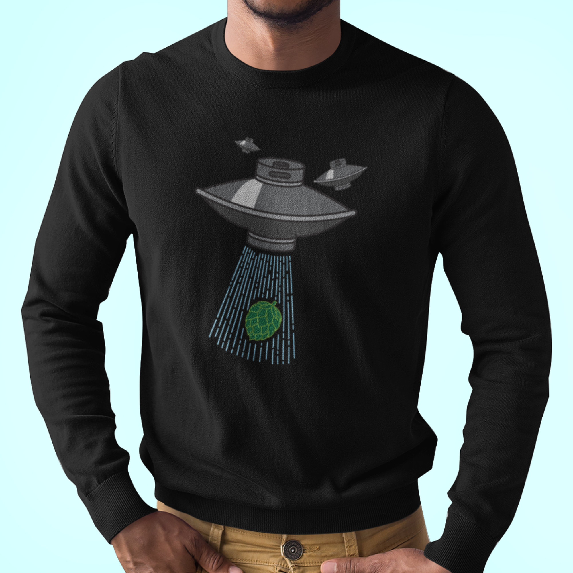 Black ringspun cotton shirt featuring UFO abducting a hop in pixel beam