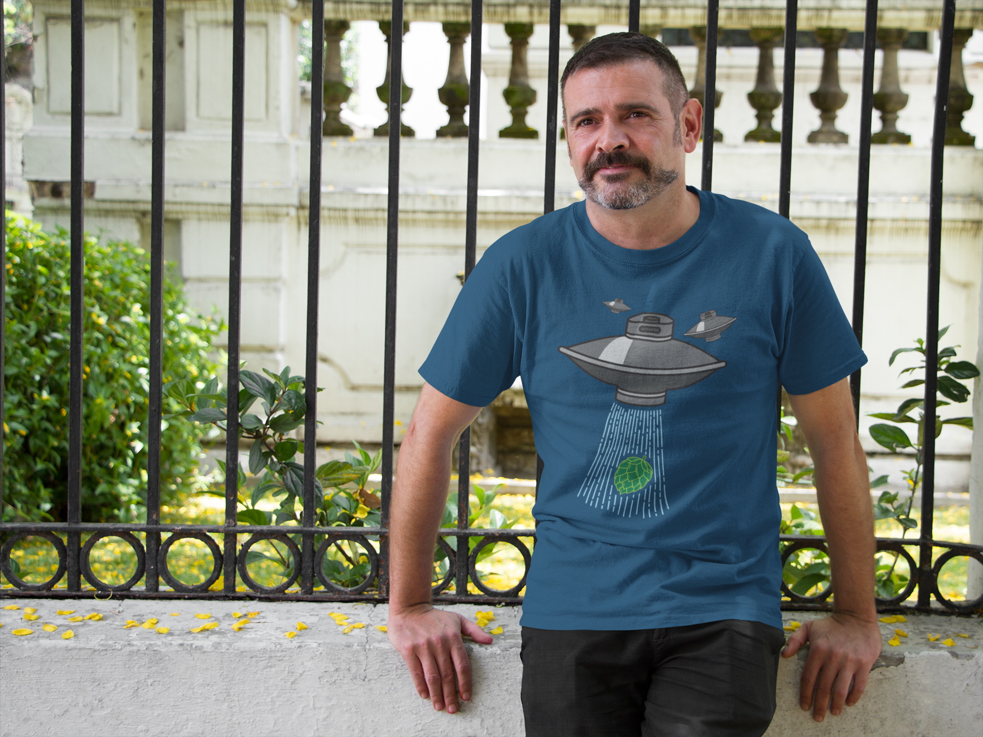 Unisex cotton shirt with alien ship abducting hop illustration
