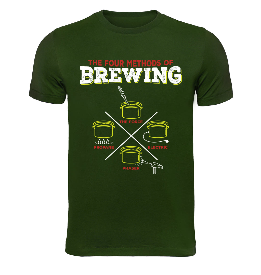 Olive cotton tee featuring The Four Methods of Brewing headline and pot symbols