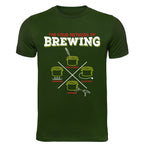 Olive cotton tee featuring The Four Methods of Brewing headline and pot symbols