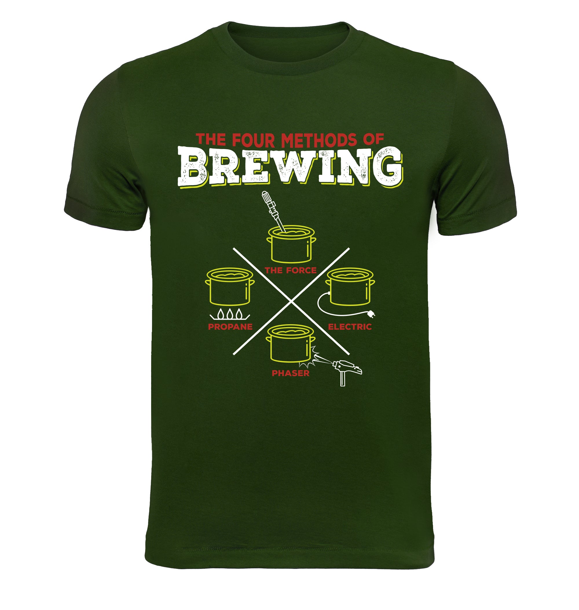 Olive cotton tee featuring The Four Methods of Brewing headline and pot symbols