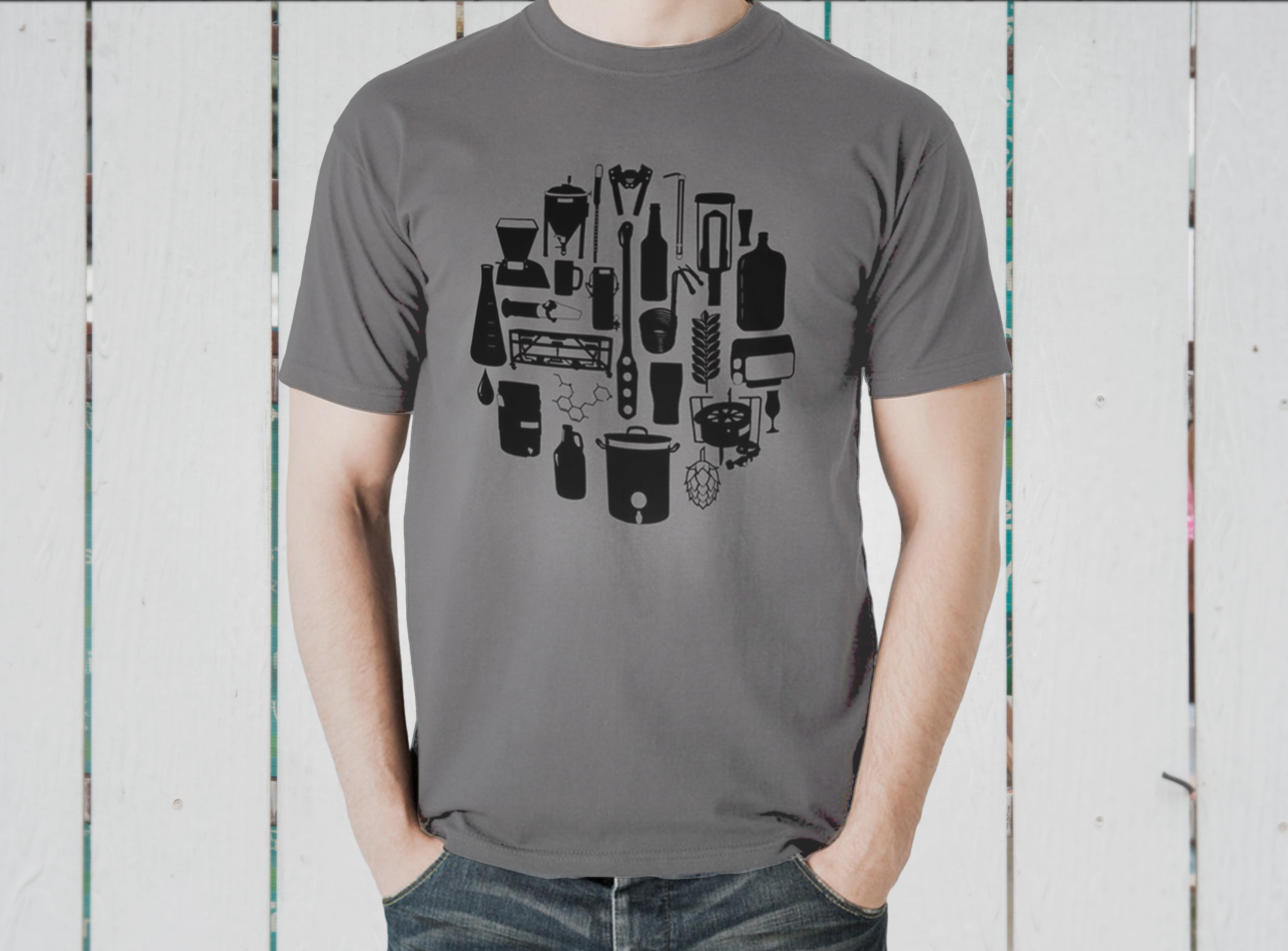 Front view of homebrew tools diagram on light gray t-shirt