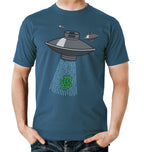 Aqua-blue t-shirt with gray UFO beaming up a neon-green hop cone