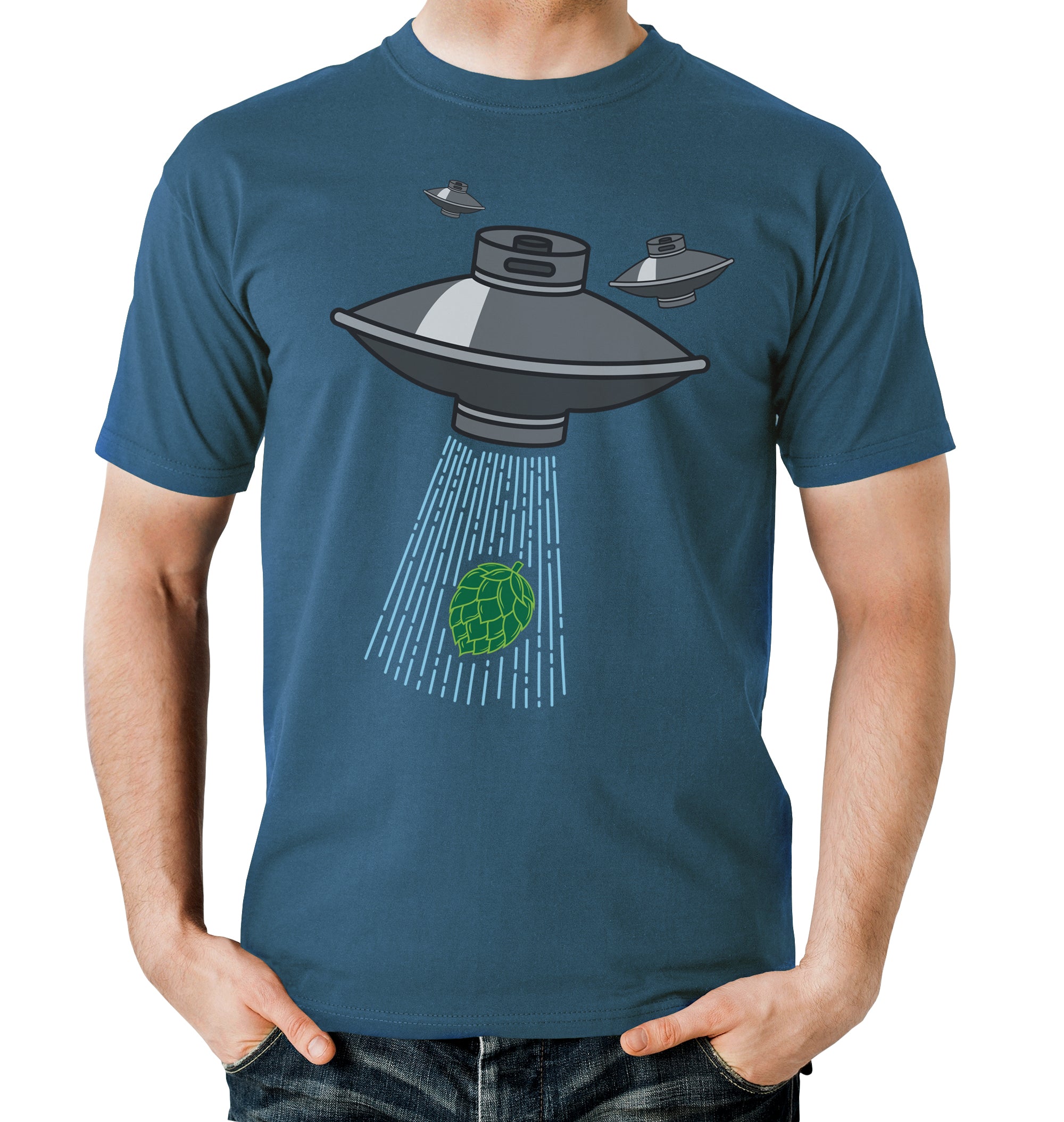 Aqua-blue t-shirt with gray UFO beaming up a neon-green hop cone