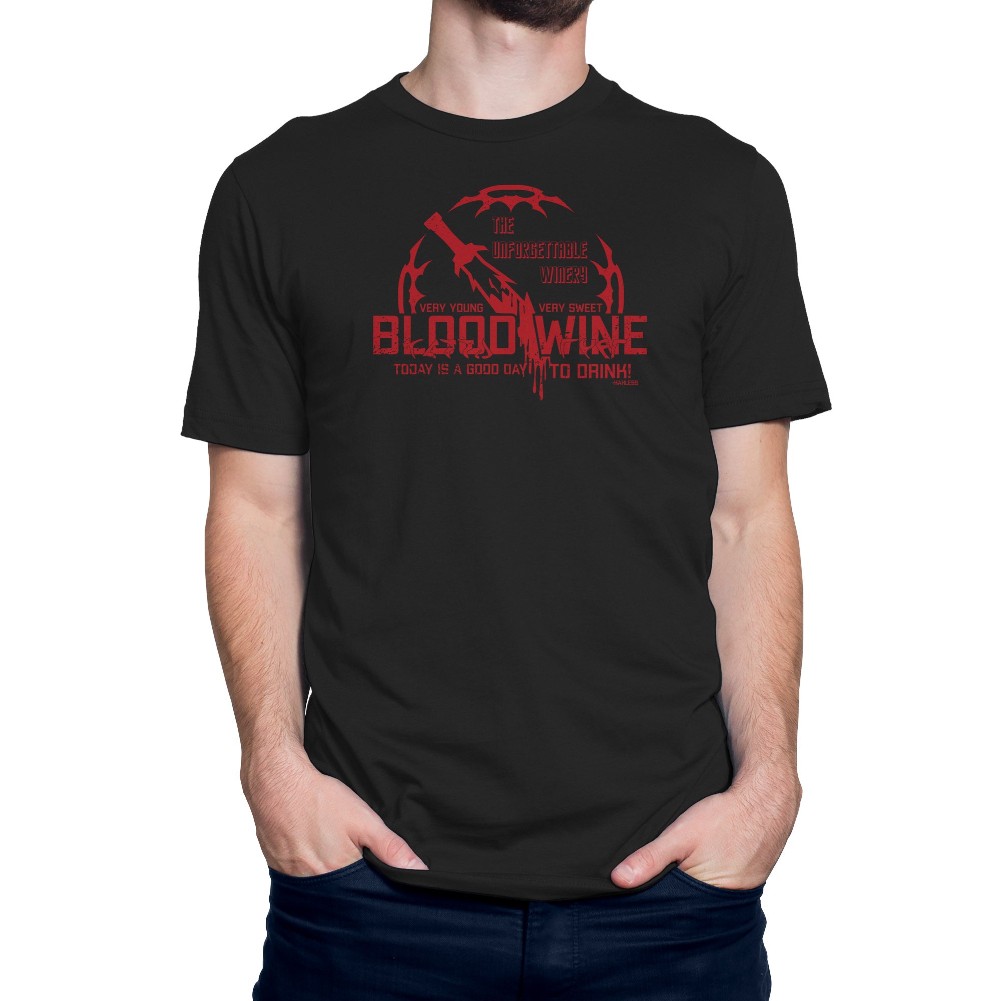 Black t-shirt with Kahless Blood Wine script and Bat’leth goblet graphic