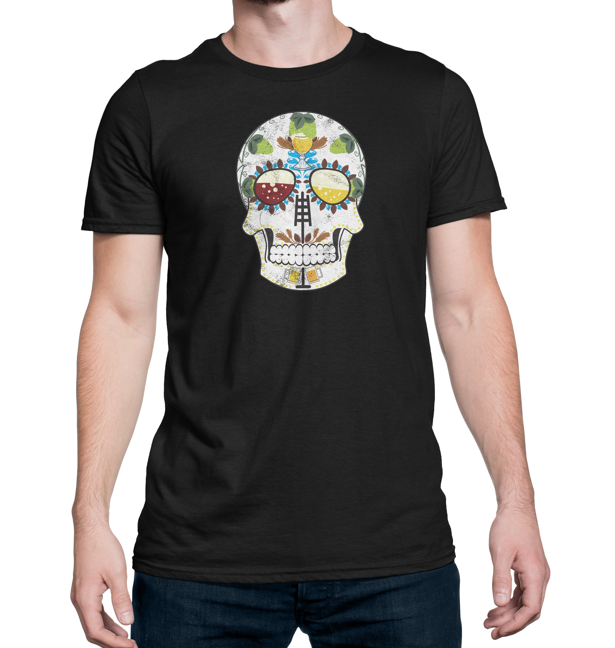 Unisex black T-shirt featuring the Brewer’s Sugar Skull design with hops and wheat