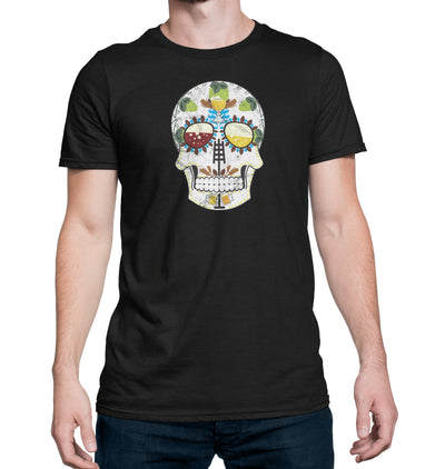 Unisex black T-shirt featuring the Brewer’s Sugar Skull design with hops and wheat