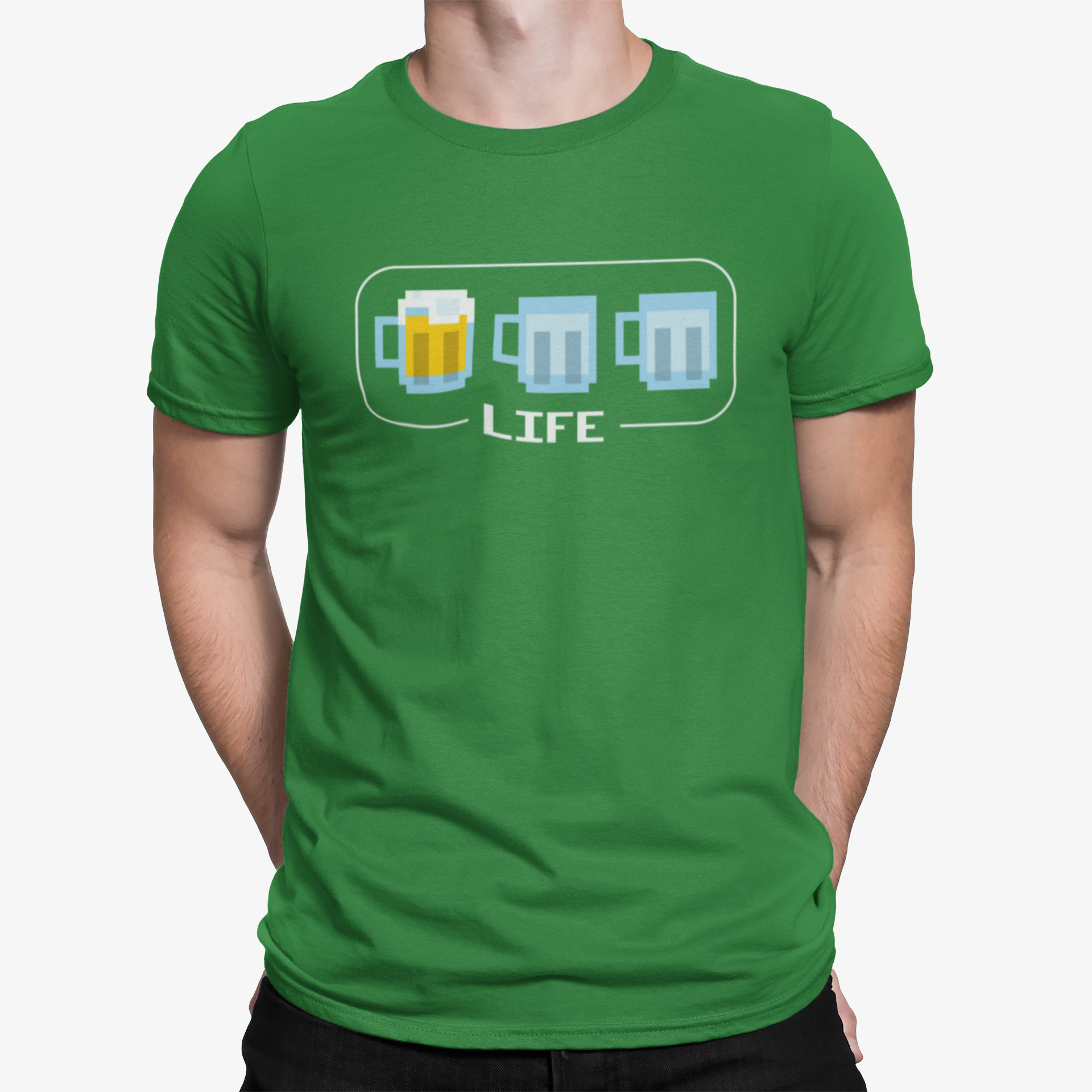 Unisex craft beer gamer T-shirt in bold green with nostalgic arcade text
