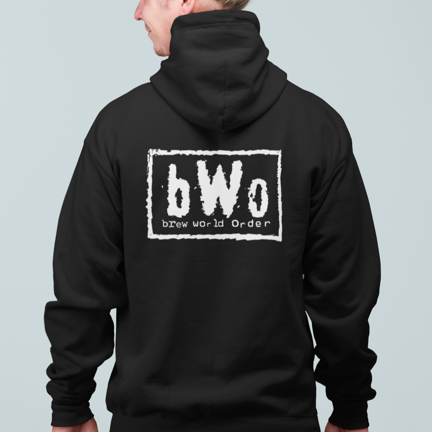 Unisex hoodie with front zipper and Brew World Order design printed on both sides