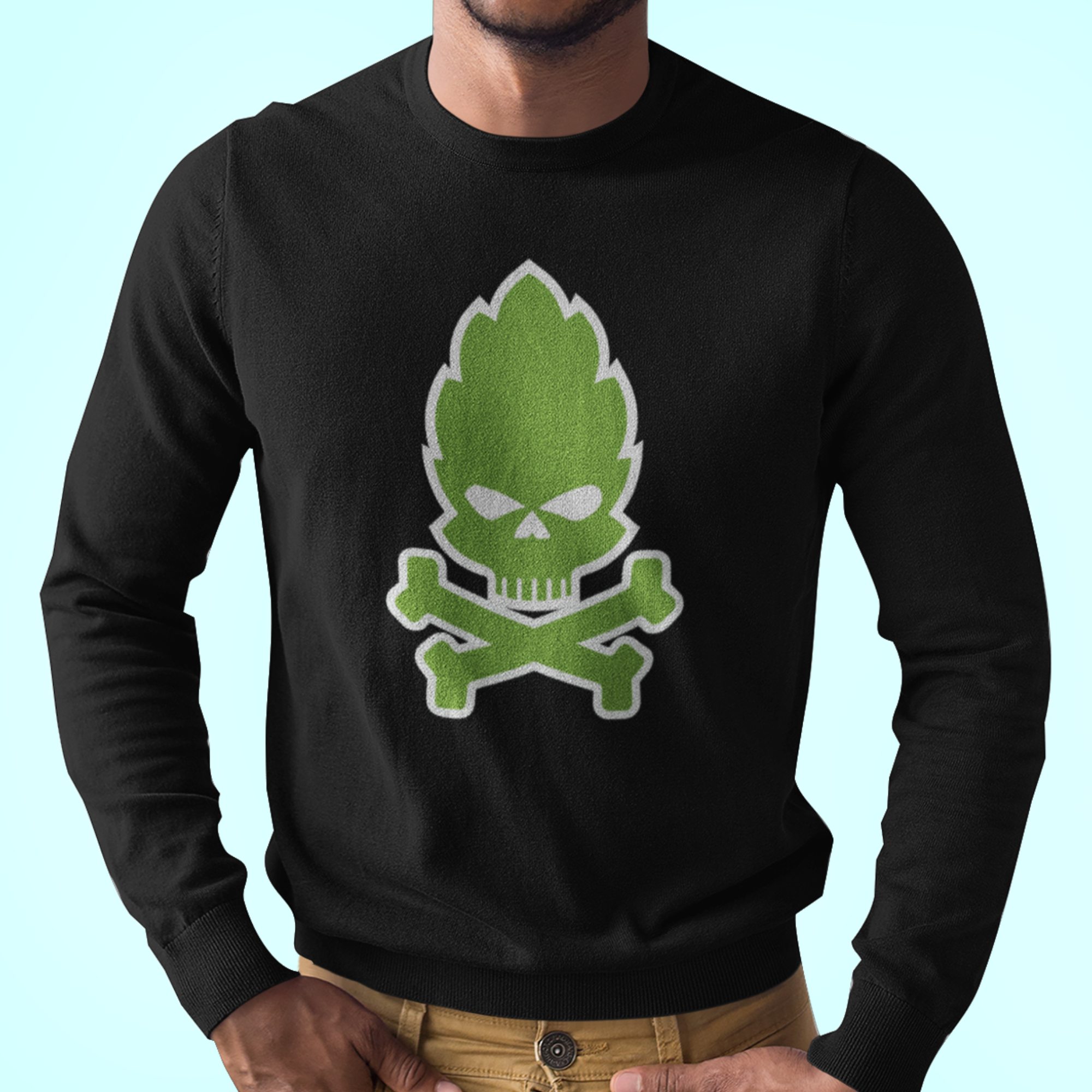 Black long sleeve t-shirt with neon green hop skull and crossbones front print