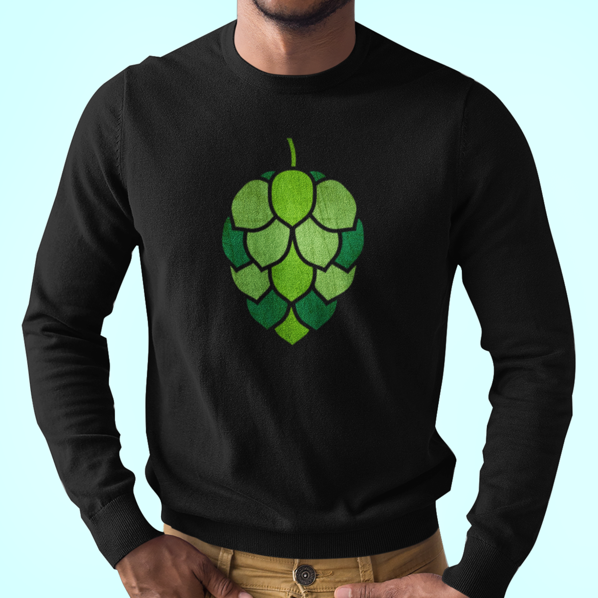 Black long-sleeve t-shirt with stained-glass hop-cone graphic