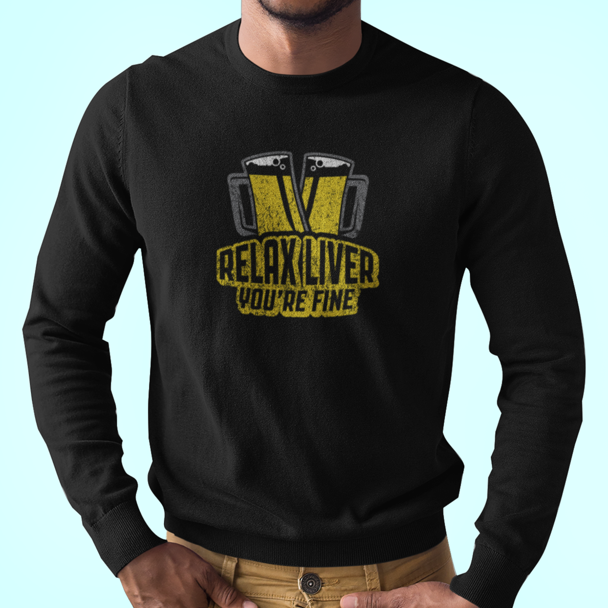 Black long-sleeve tee with two clinking beer mugs forming a V and Relax Liver You’re Fine text