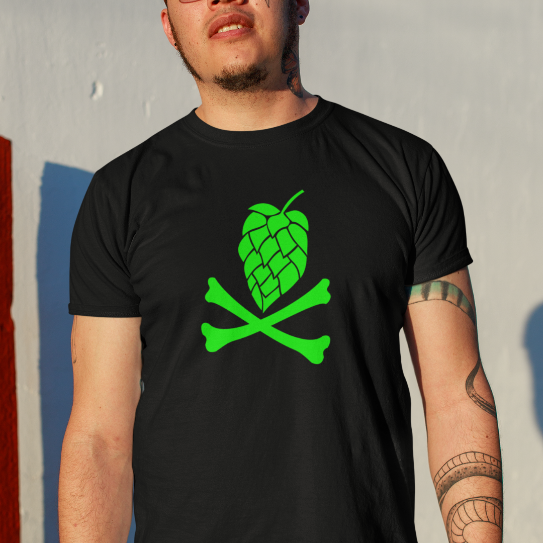 Green hop cone and bones design on unisex black t-shirt