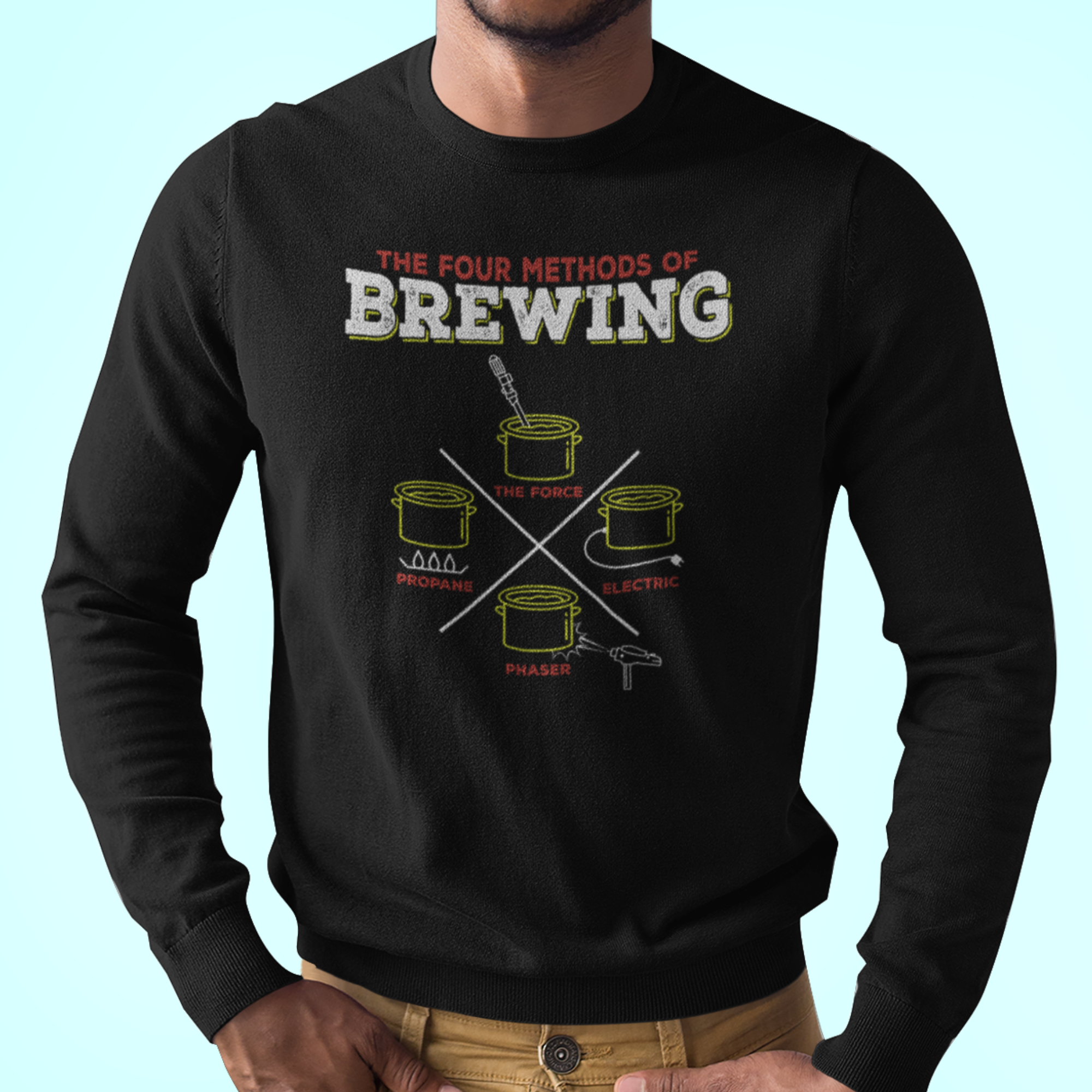 Long-sleeve shirt with crossed brew pot icons labeled Propane, Electric, The Force, and Phaser