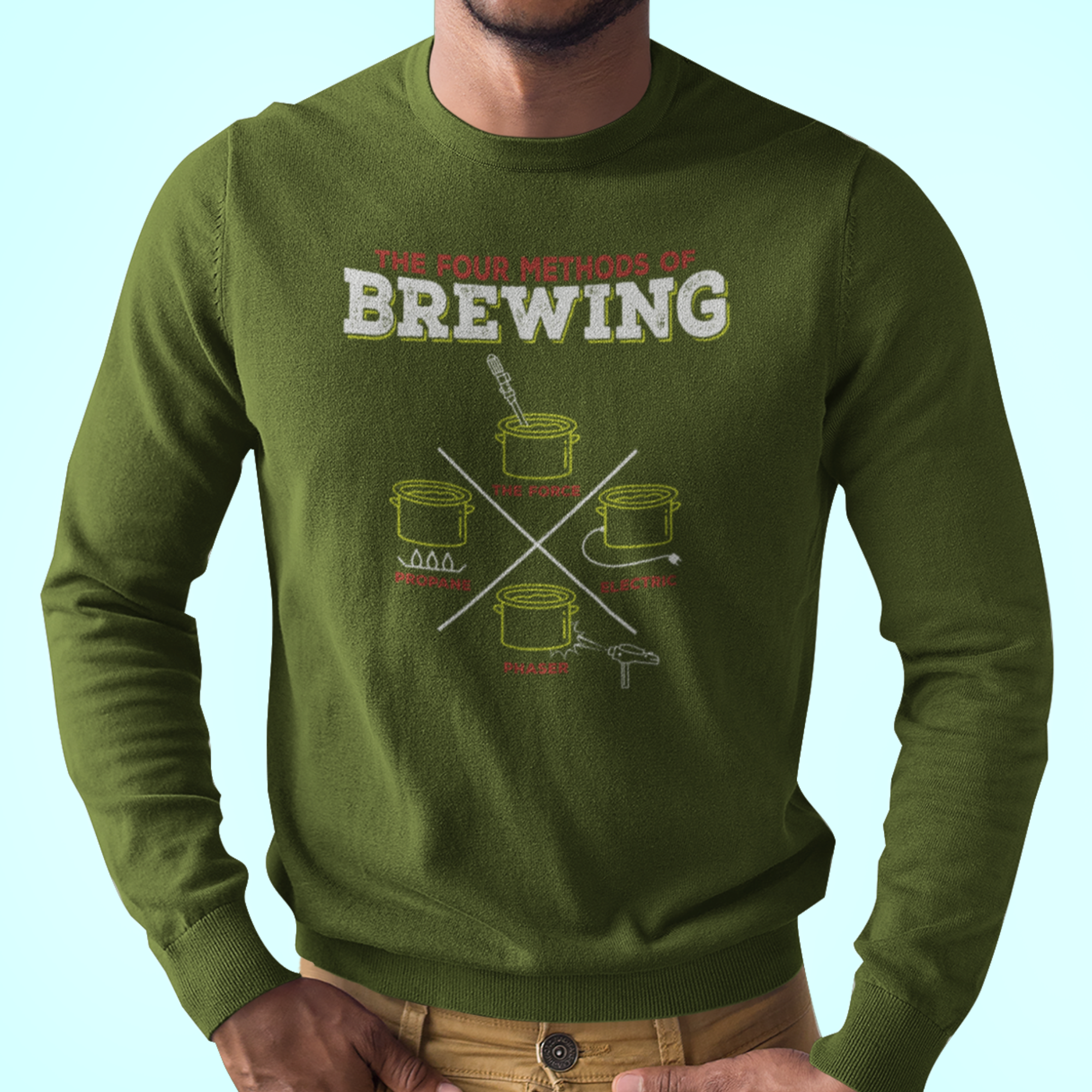 Olive green brewing tee featuring neon-style four heating methods design