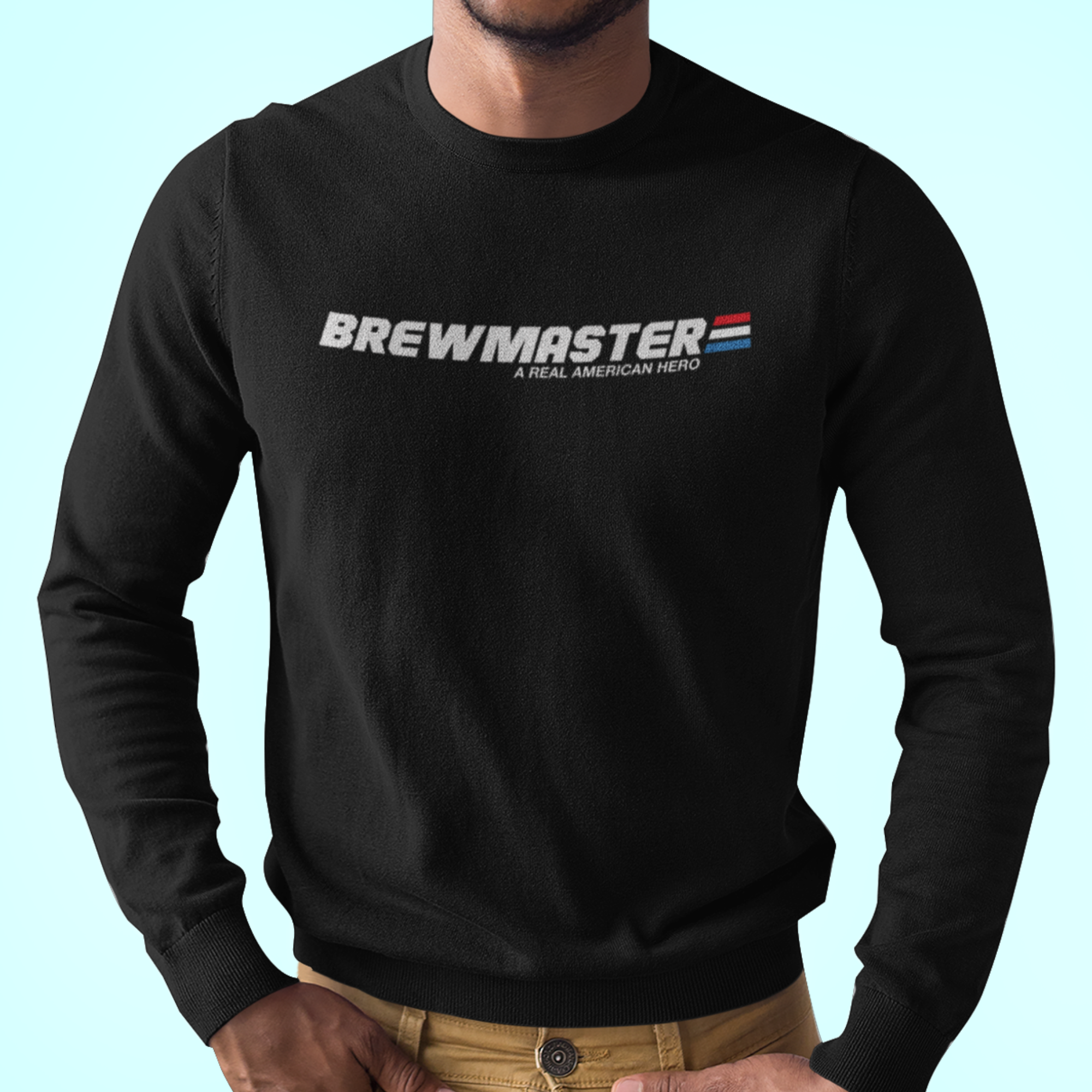 Unisex long-sleeve beer T-shirt celebrating homebrewing with a nostalgic action hero feel