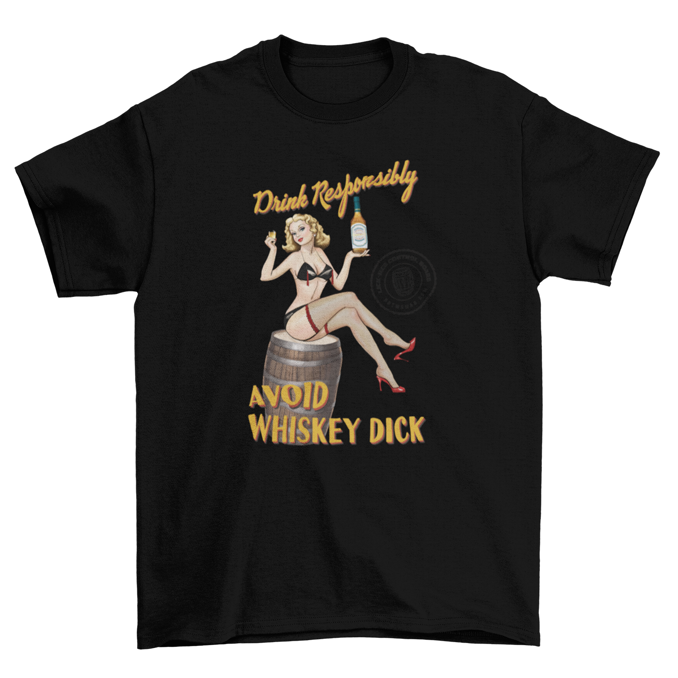 Funny alcohol-themed t-shirt with bottle and warning graphic