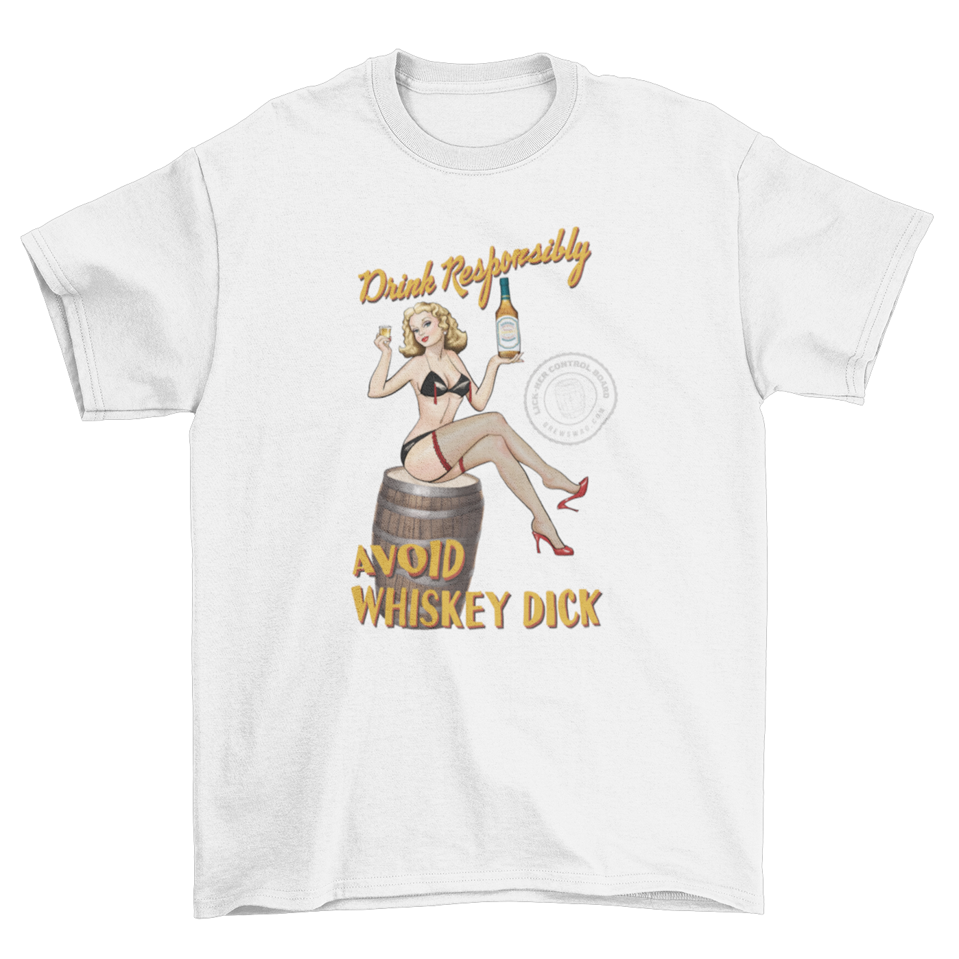 Retro-style shirt with pin-up girl sitting on barrel holding whiskey