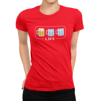 Women’s Beer Life Bar T-shirt featuring retro life meter with beer mugs