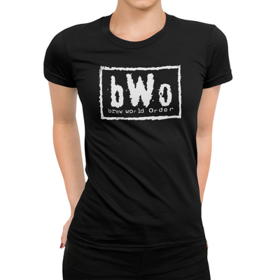 Women’s Brew World Order Beer T-Shirt in black featuring bold white bWO logo