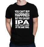 Black t-shirt with bold white text You Can’t Buy Happiness but You Can Buy IPA stacked on chest