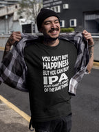 Front view of IPA-themed happiness slogan t-shirt on colored fabric
