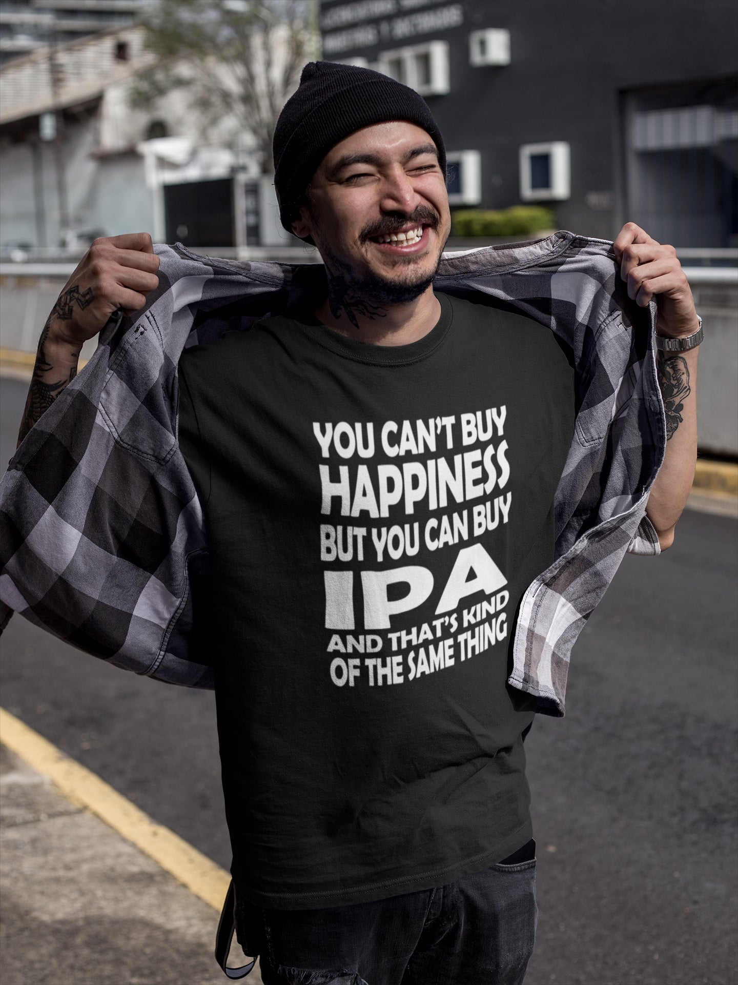 Front view of IPA-themed happiness slogan t-shirt on colored fabric