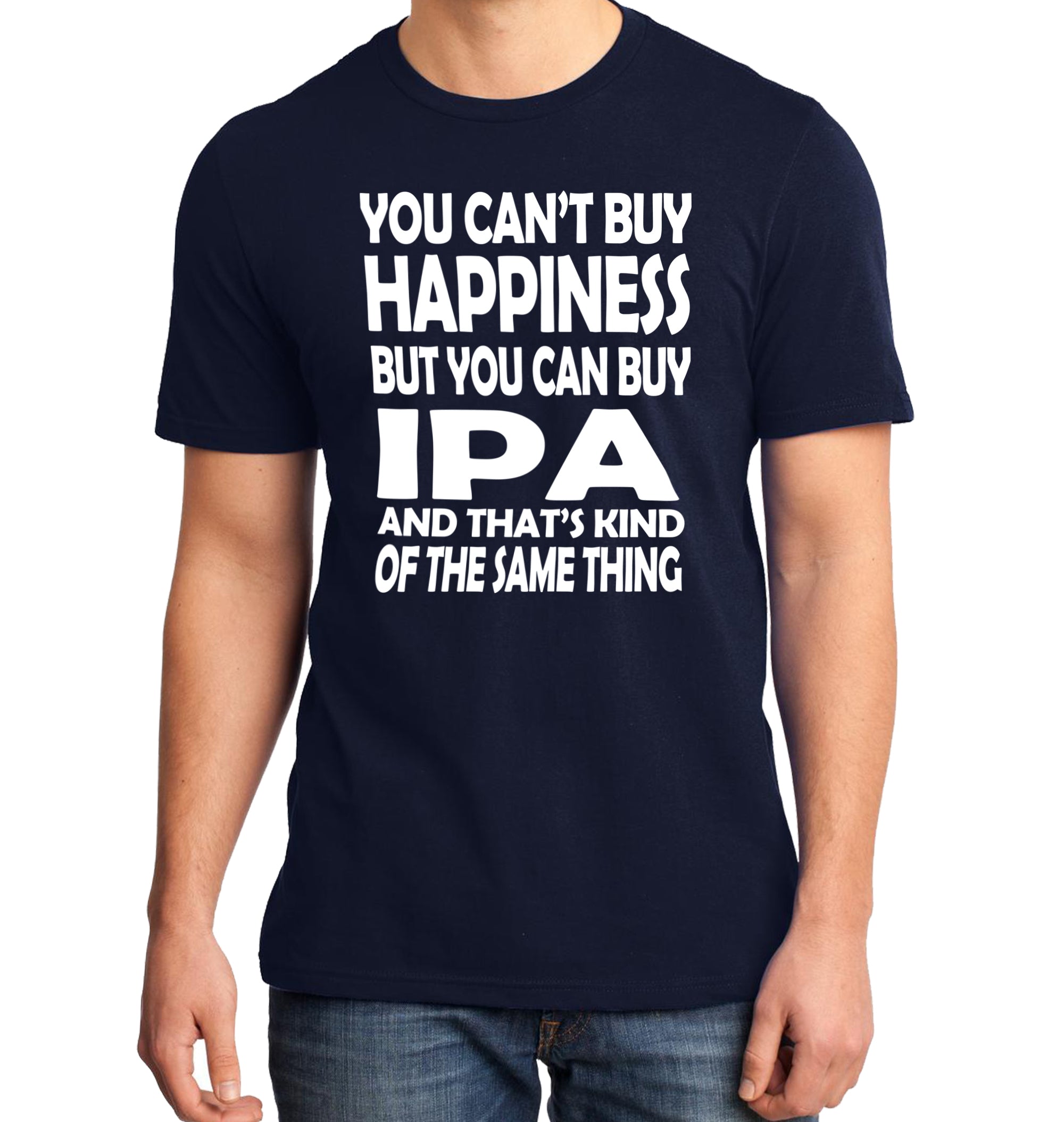 Navy ringspun cotton shirt with witty IPA equals happiness message in white print