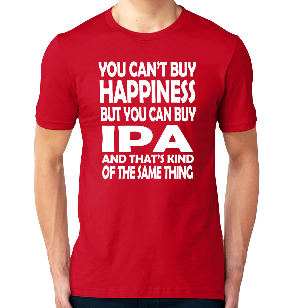 Red unisex t-shirt with playful beer happiness mantra in bold typography