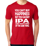 Red unisex t-shirt with playful beer happiness mantra in bold typography