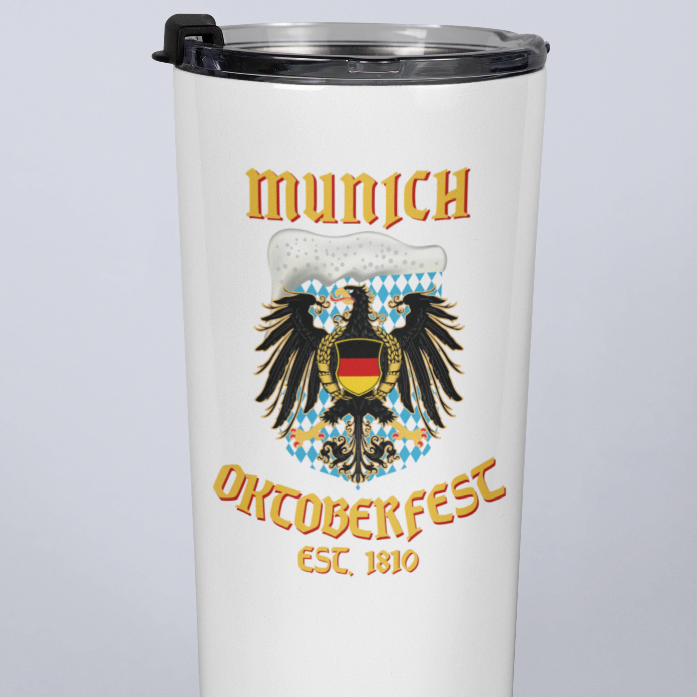 20oz stainless steel travel mug with imperial eagle and beer foam design