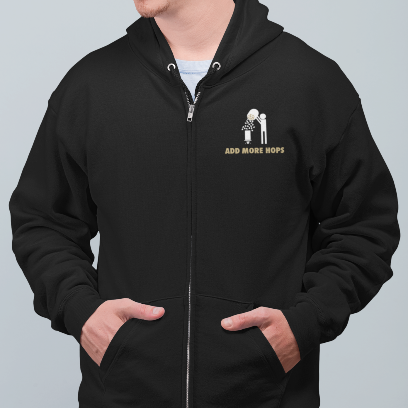 Front view of the Add More Hops hoodie with chest graphic.
