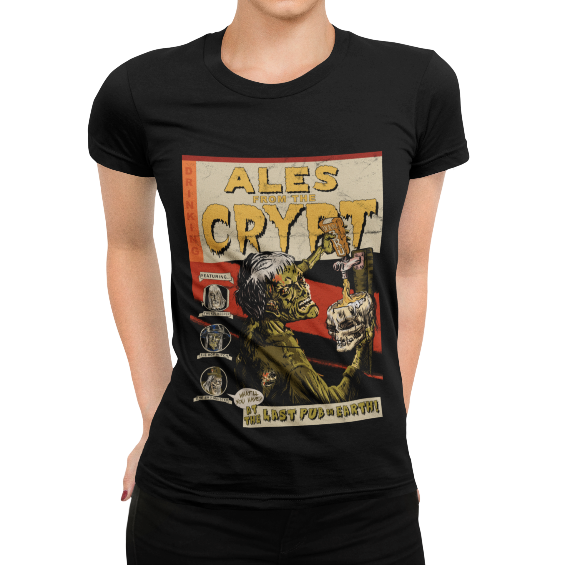 Ales From The Crypt women’s t-shirt with bold zombie pub crawl design.