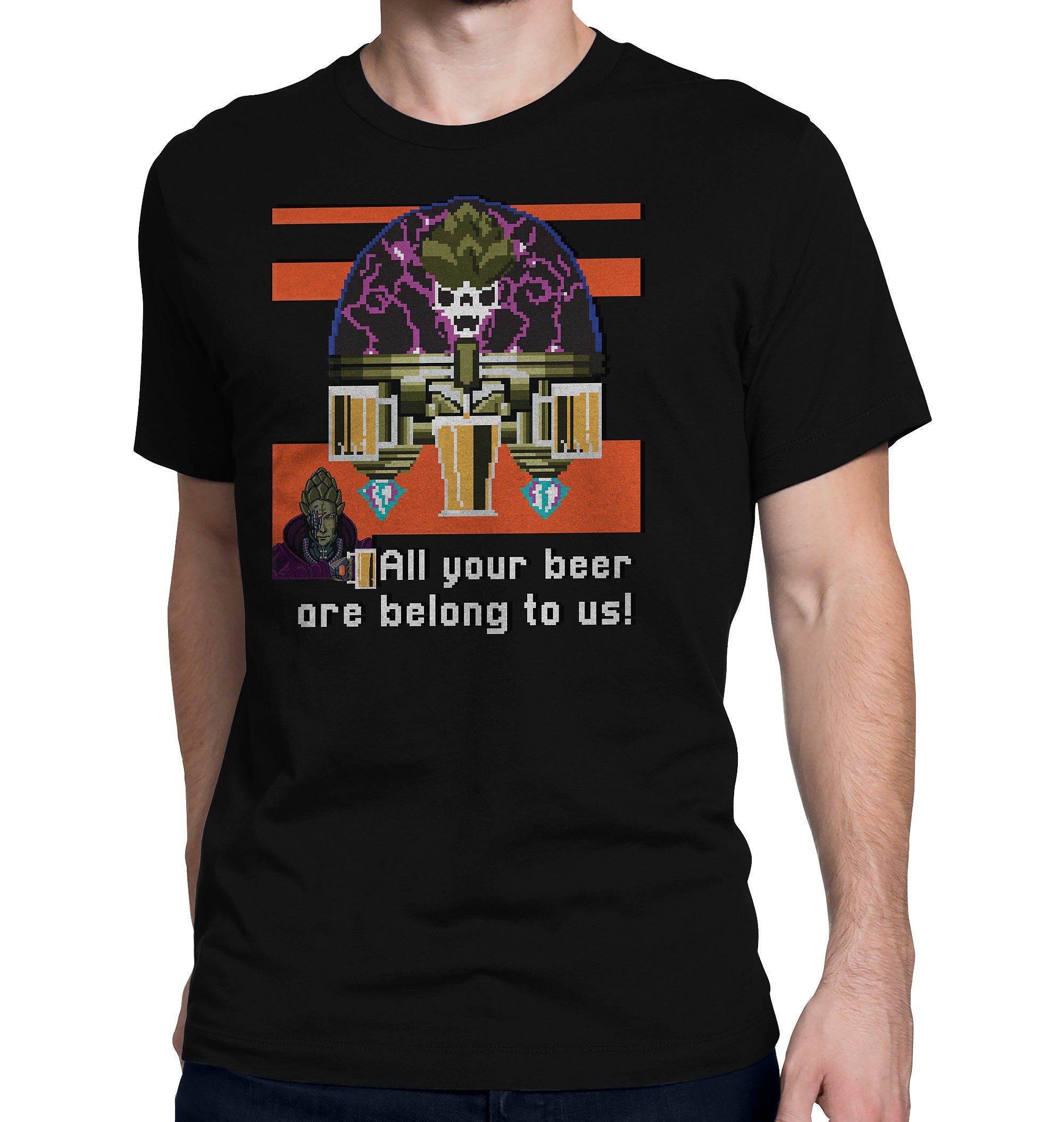 Retro-inspired "All Your Beer Are Belong To Us" T-Shirt displayed on a table.