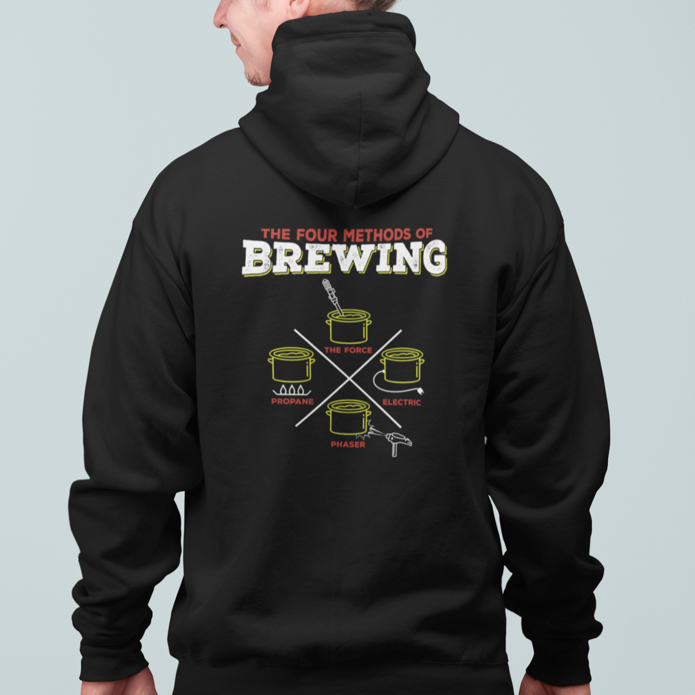Black zip-up hoodie with small crossed brew pot icons on front breast