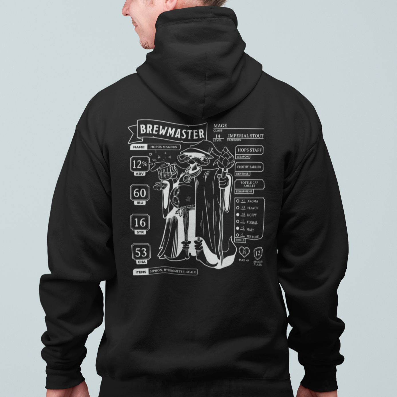 Brewmaster Character Sheet Zip-Up Hoodie in black with RPG-style brewing stats