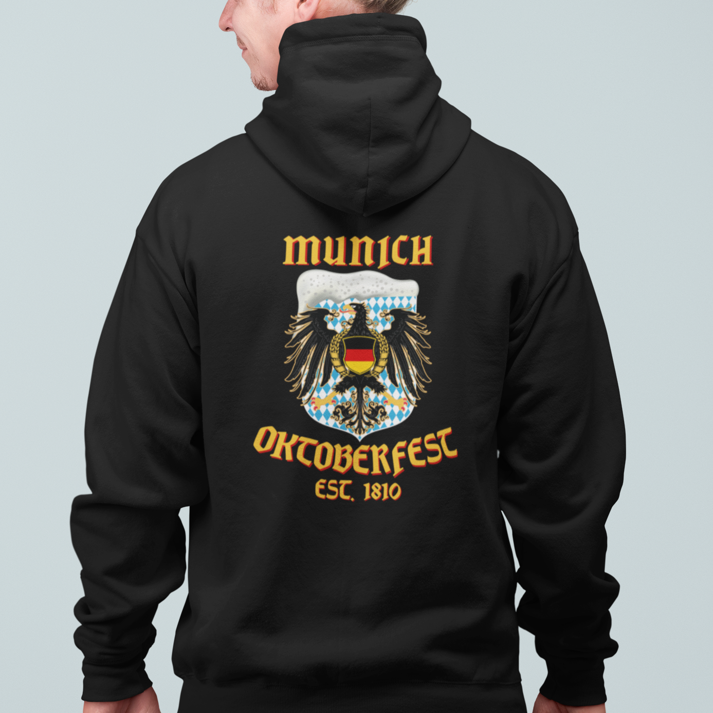 Back view of Hoodie featuring large Munich Oktoberfest eagle and foam