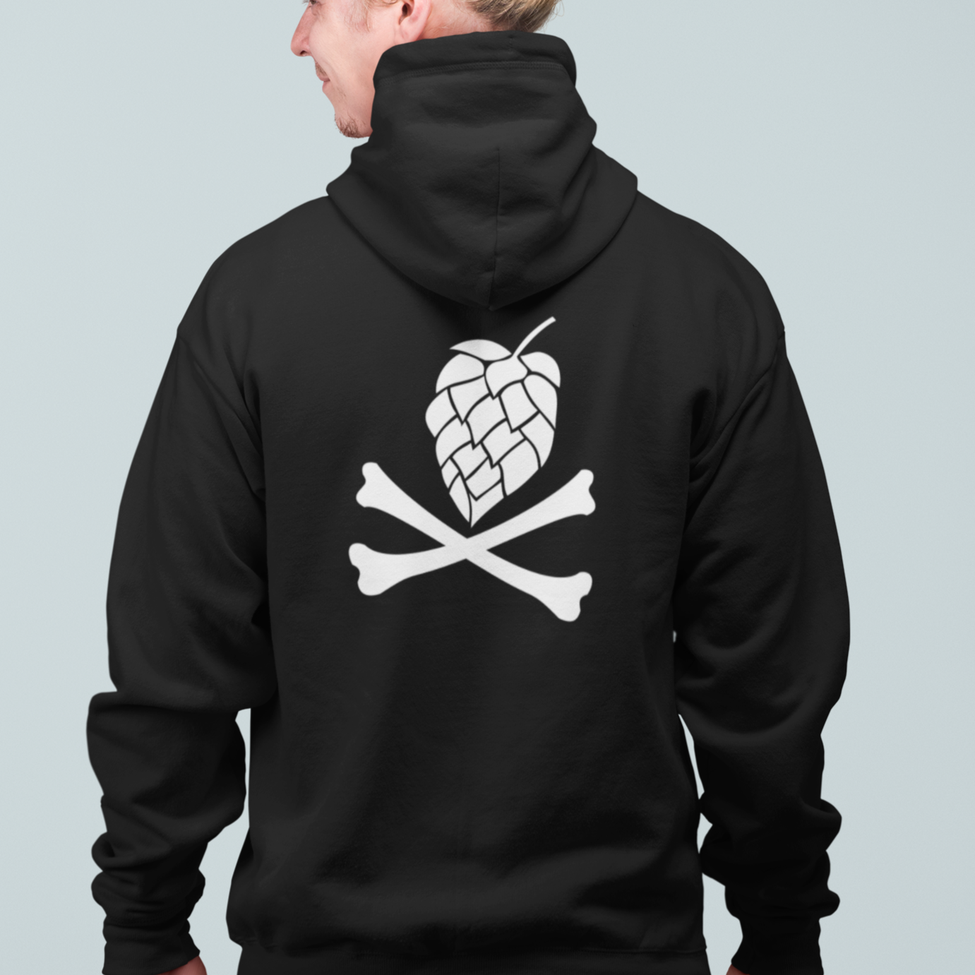 Black zip-up hoodie with white hop-cone skull and crossed bones on front breast