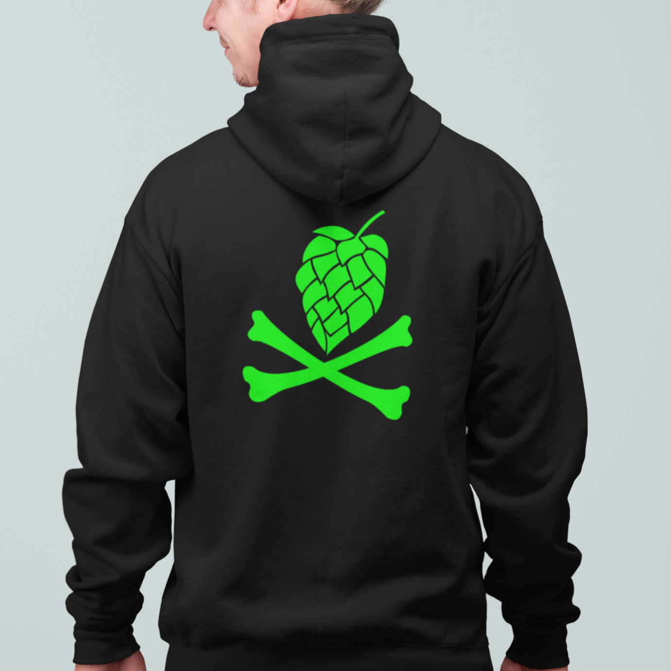 Black zip-up hoodie with green hops and crossbones front and back print