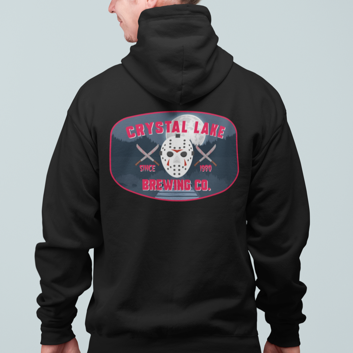 Crystal Lake Brewing zip-up hoodie with red horror graphic on back