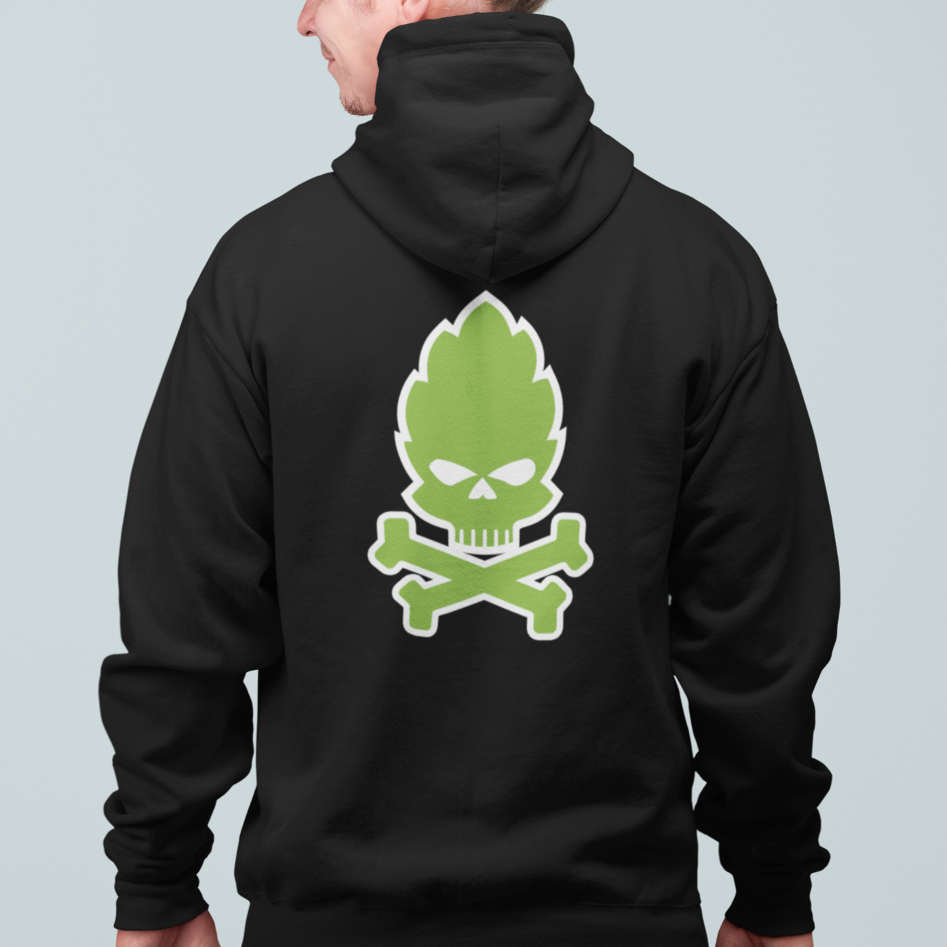 Black zip-up hoodie with neon green hop skull and crossbones front and back
