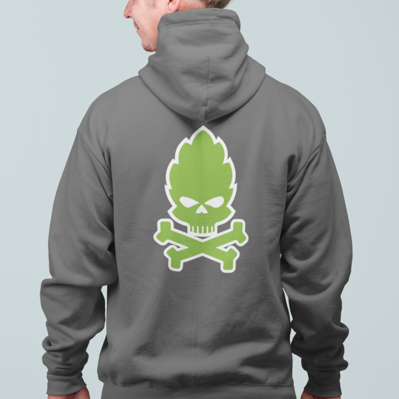 Charcoal gray craft beer hoodie featuring hop skull and crossed bones