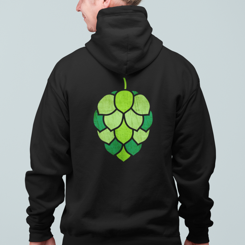 Back of hoodie featuring large stained-glass hop-cone graphic in green