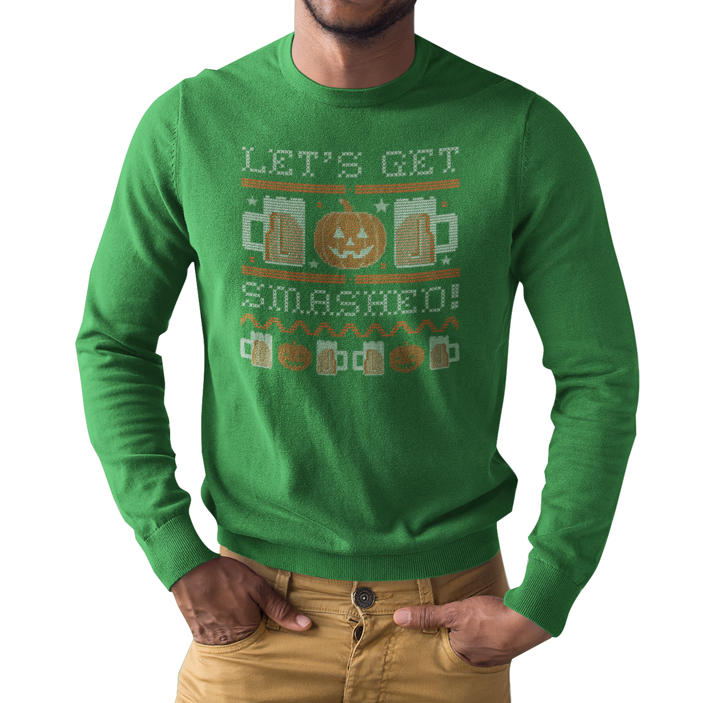 Unisex Halloween long-sleeve tee with beer and jack-o’-lantern design